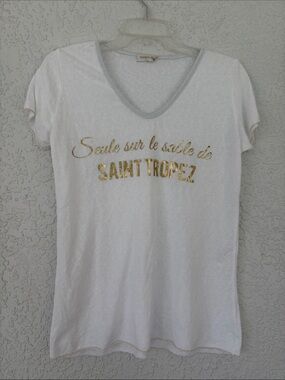 White soft Women's V-Neck Tee with Gold Saint Tropez Script made in Italy